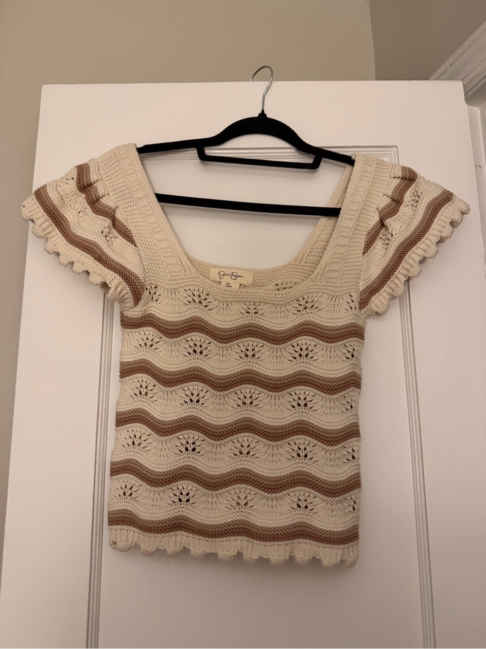 Jessica Simpson Cream and Brown Crochet Puff Sleeve Top